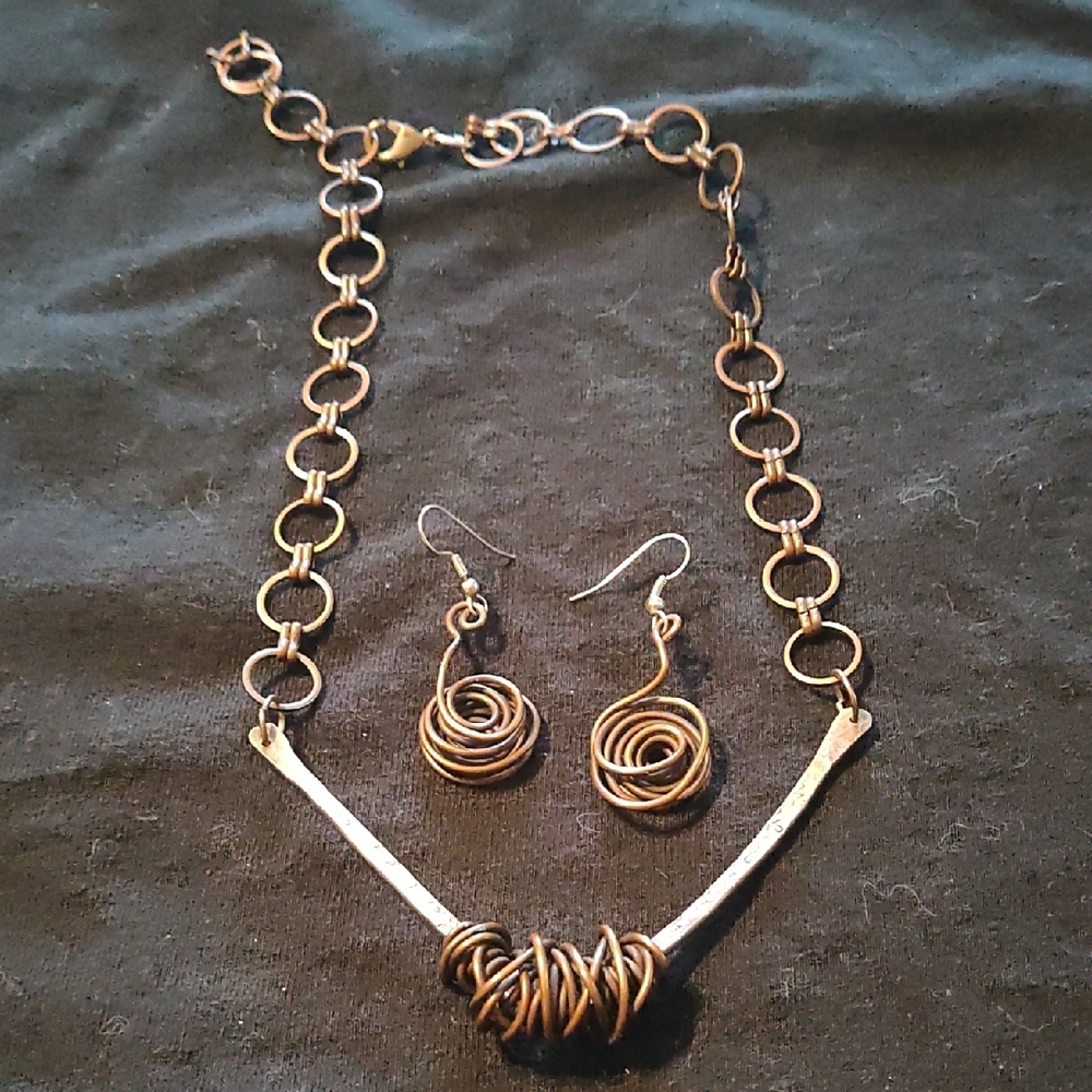 Sterling Silver And Spiral copper brutalist Necklace earring Set